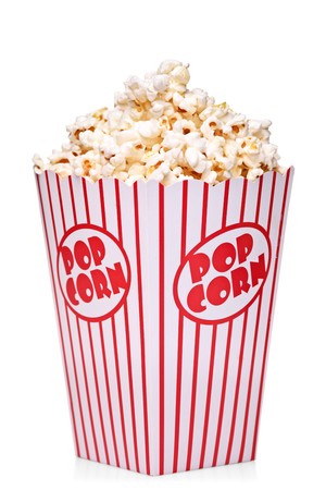 Classic box of red and white popcorn box isolated against white backgroundの写真素材