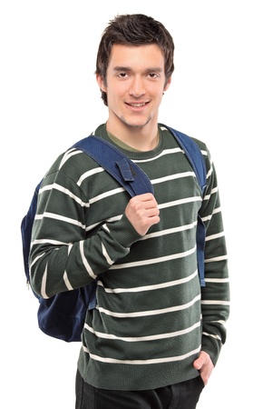 A boy with a school bag posing isolated on white background
の写真素材