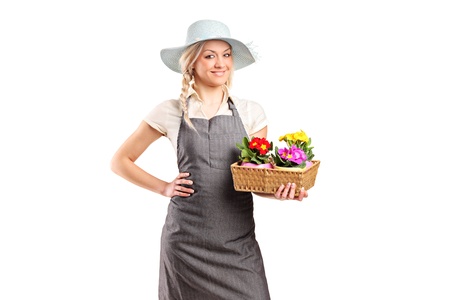 Florist holding flowers isolated on white backgroundの写真素材
