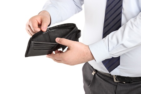 Man showing his empty wallet isolated on white background