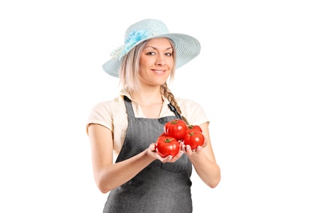 A female famer holding tomatoes isolated on white backgroundの写真素材