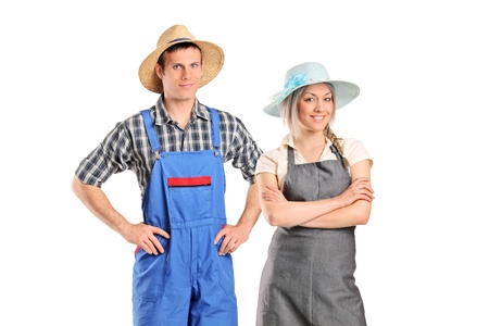 Portrait of two farmers posing isolated against white backgroundの写真素材