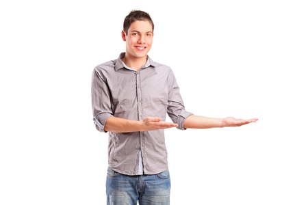 A man gesturing welcome isolated on white backgroundの写真素材
