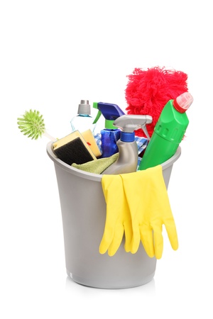 A studio shot of a bucket with cleaning supplies isolated on white backgroundの写真素材