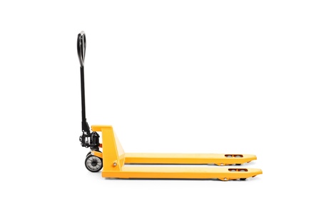 A studio shot of an empty fork pallet truck stacker isolated on white backgroundの写真素材