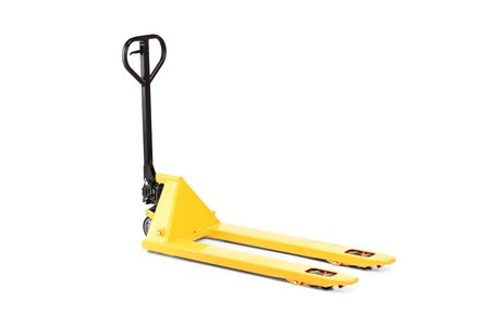 A studio shot of an empty fork pallet truck stacker isolated against white backgroundの写真素材