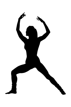 A silhouette of full length portrait of a woman excercising isolated on white backgroundの写真素材