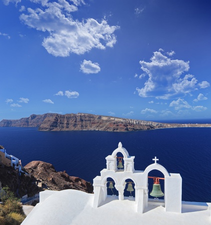 Church bells on Santorini island, Greeceの写真素材