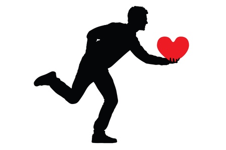 Silhouette of a man holding a red heart shaped pillow isolated on white backgroundの写真素材
