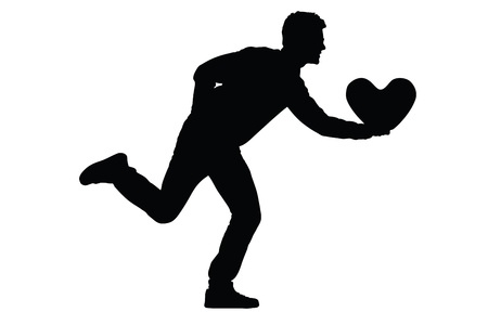 Silhouette of a young man running with a heart shaped pillow in his hand isolated on white backgroundの写真素材