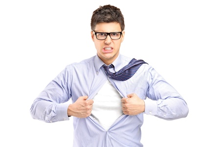 Superhero opening blue shirt, blank white t-shirt underneath provides excellent copy space for your image, text or logoの写真素材