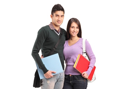 A portrait of a smiling couple holding books isolated on white backgroundの写真素材
