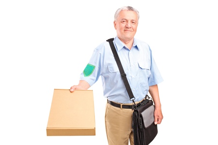 A mature postman delivering parcel isolated against white backgroundの写真素材
