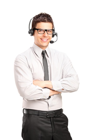 A male customer service operator wearing a headset isolated on white backgroundの写真素材