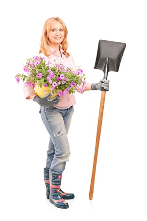 Full length portrait of a female gardener holding  flowers and a shovel isolated on white backgroundの写真素材