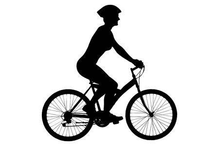 A silhouette of a female biker with helmet sitting on a bike isolated against white backgroundの写真素材