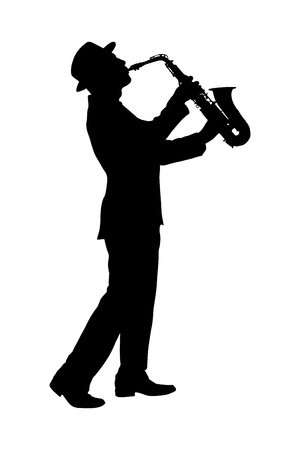 A silhouette of a full length portrait of a man in a suit playing on saxophone isolated against background