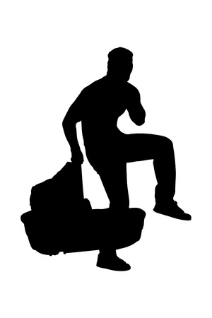 A silhouette of a robber holding a carrycot isolated on white backgroundの写真素材