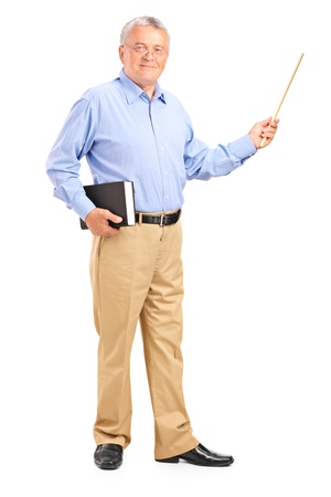 Full length portrait of a male teacher holding a wand and book isolated on white background