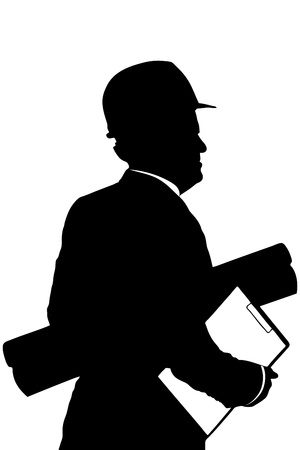 A silhouette of a construction worker with helmet holding blueprints isolated on white backgroundのイラスト素材