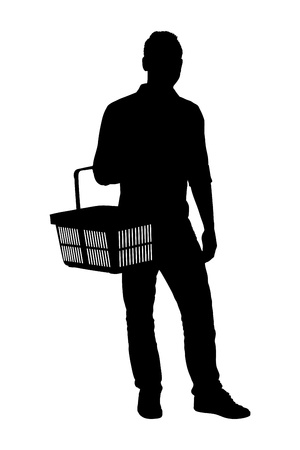 A silhouette of a full length portrait of a man holding an empty shopping basket isolated on white backgroundのイラスト素材