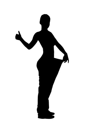 A silhouette of a full length portrait of a weightloss woman giving a thumb up isolated on white background