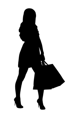 A silhouette of a full length portrait of a female posing with shopping bags isolated on white backgroundのイラスト素材