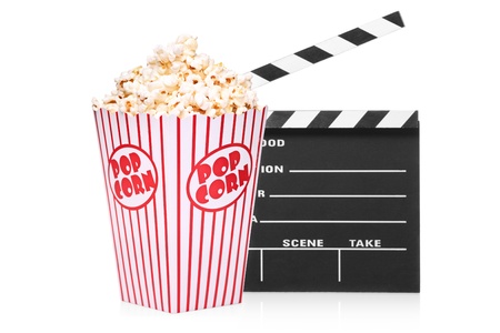 A studio shot of an open movie clap and popcorn box isolated on white backgroundの写真素材