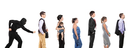People waiting in a que and a pickpocket trying to steal a wallet isolated on white backgroundの写真素材