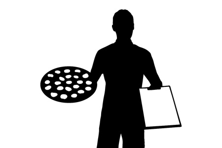 An illustration of a delivery boy with clipboard delivering a pepperoni pizza isolated on white backgroundの写真素材
