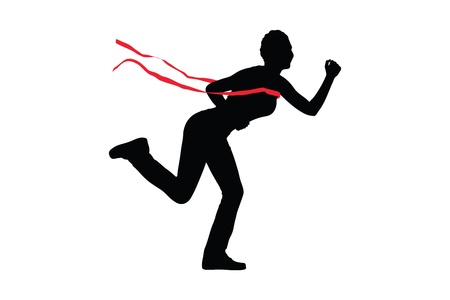 Silhouette of a female runner at finish line isolated on white backgroundの写真素材