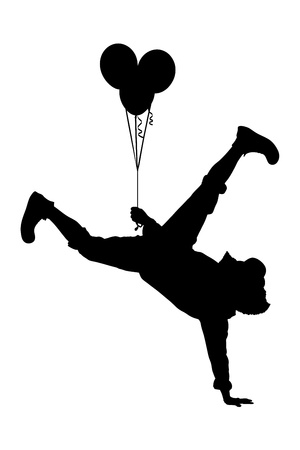 Illustration of a clown holding balloons and standing on one hand isolated on white backgroundの写真素材