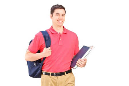 A male student walking, isolated on white backgroundの写真素材