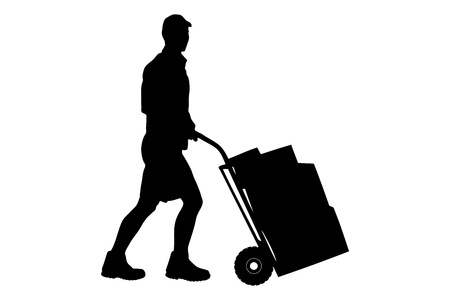 Silhouette of a delivery man pushing a cart with boxes isolated on white backgroundの写真素材