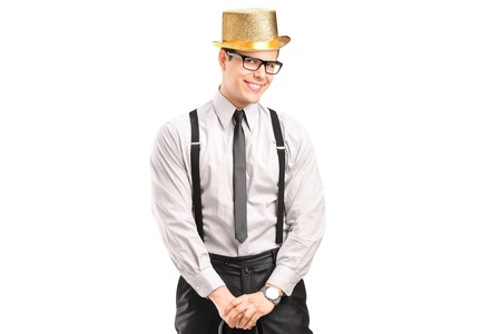 A stylish man with hat holding a cane isolated on white background