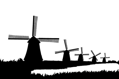 A silhouette of windmills in Kinderdijk, Holland, isolated on white backgroundの写真素材