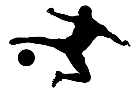 A silhouette of a soccer player shooting a ball isolated on white backgroundの写真素材