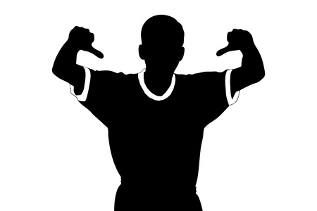 A silhouette of a sport fan giving thumbs down isolated on whiteの写真素材