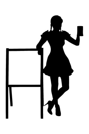 Silhouette of a bavarian woman holding a glass of beer next to a wooden board isolated on white backgroundの写真素材