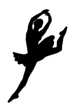 A silhouette of a ballerina dancer jumping isolated against white backgroundの写真素材