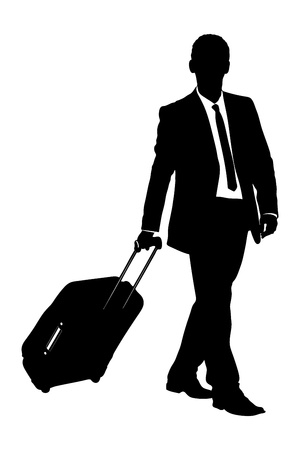 A silhouette of a business traveler carrying a suitcase isolated on white backgroundの写真素材