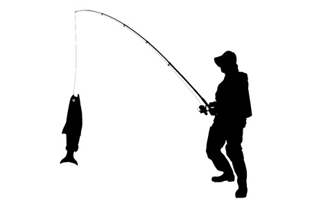 A silhouette of a fisherman with a fish isolated on white backgroundの写真素材
