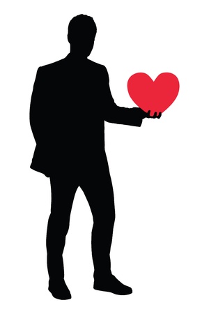 A silhouette of a guy holding a red heart shaped object isolated on white backgroundの写真素材