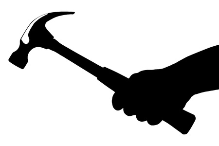 A silhouette of a hand holding a hammer isolated on white backgroundの写真素材