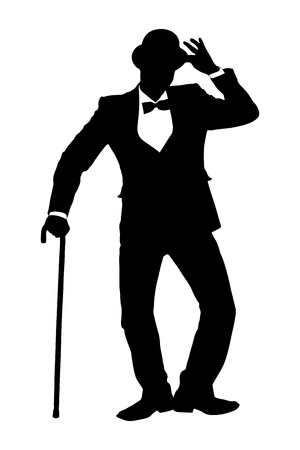 A silhouette of a man holding a cane and gesturing isolated on white backgroundの写真素材