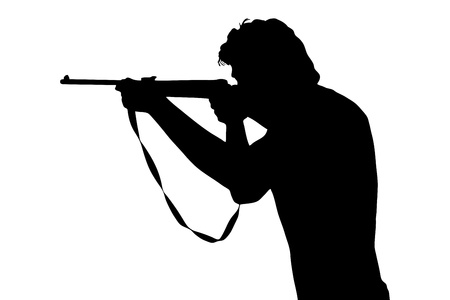 A silhouette of a man shooting with a rifle isolated on white backgroundの写真素材