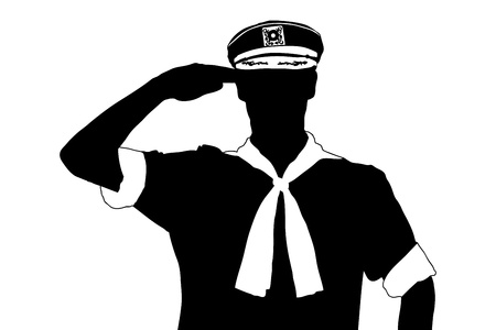 A silhouette of a sailor saluting isolated on white backgroundの写真素材