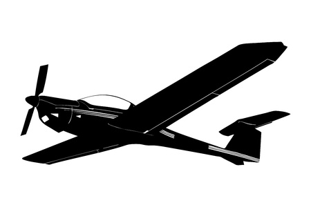 A silhouette of a small plane in flight isolated against white backgroundの写真素材