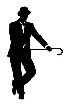 Silhouette of a man in suit holding a cane isolated on white backgroundの写真素材
