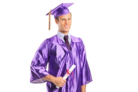 A graduate student holding a diploma isolated on white backgroundの写真素材